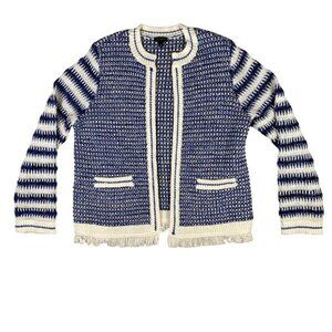 Talbots Womens Blue & Cream Striped Knit Cardigan Sweater With Fringe Hem Size M